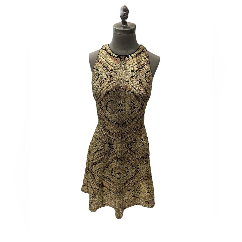 Adrianna Papell Gold Sequin Midi Dress Size 8